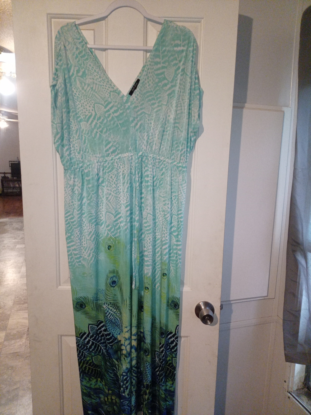Just Love Aqua and Teal Peacock Feather Print Maxi Dress